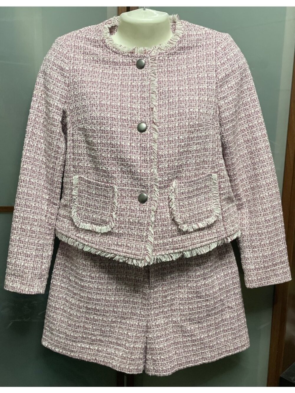 United Colors Of Benetton Size 2 Pink Tweed Jacket Short Suit Fringe Trim Barbie